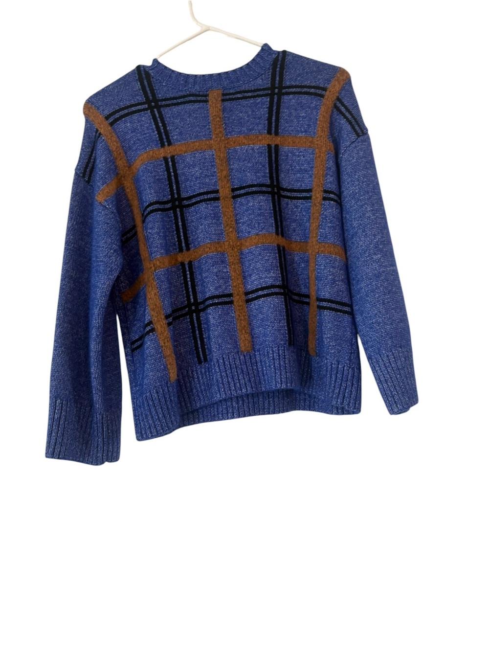 Nine West Blue Plaid Crewneck Sweater with Brown Accent - Women's Sweater